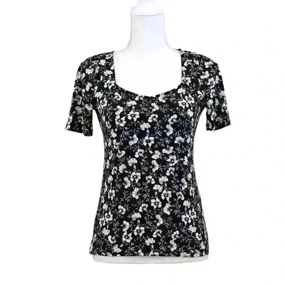 WHBM Black Floral‎ Ruched Sweetheart Blouse – Size XS